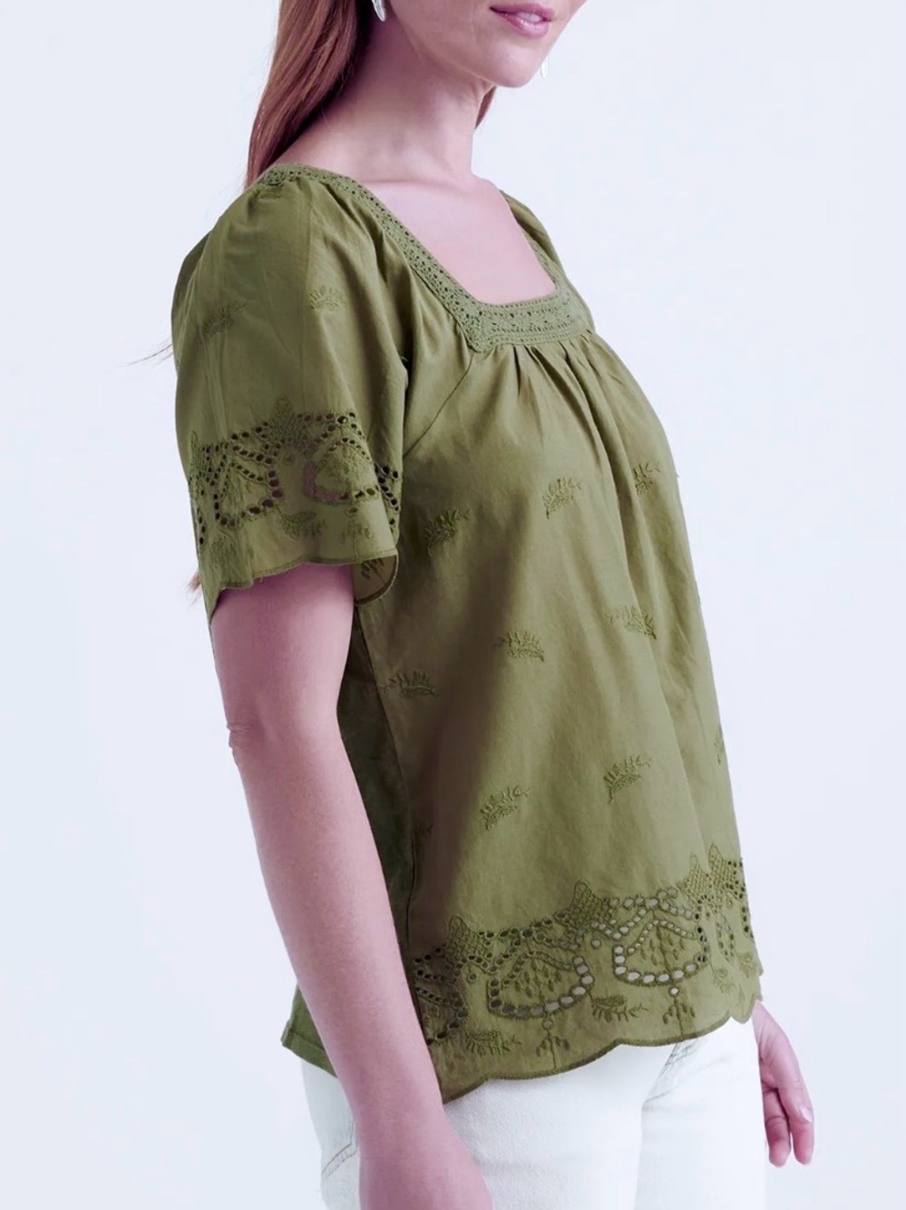 Lucky Brand Olive Green Eyelet & Embroidered Square-Neck Peasant Style Blouse - Picture 7 of 9
